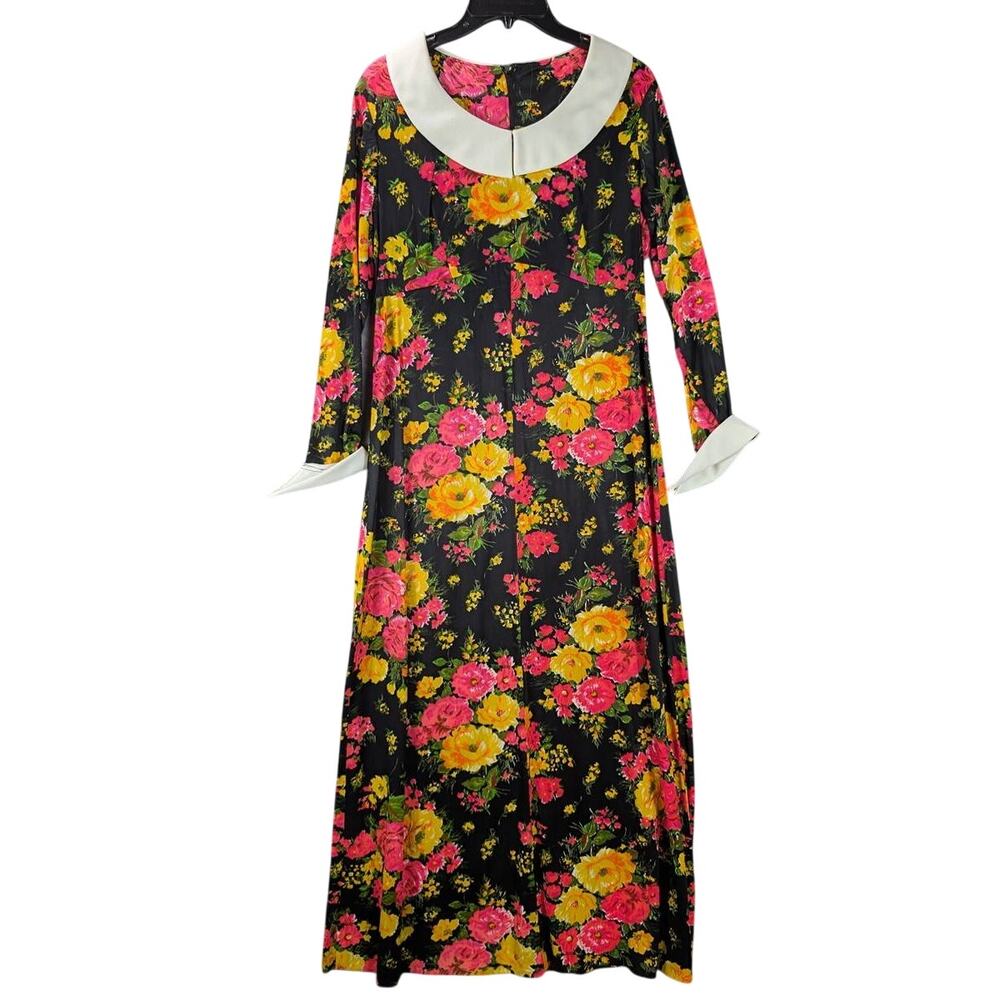 Vtg Dress Medium Black Floral Long Sleeve Peter Pan Collar Contrast Cuff READ